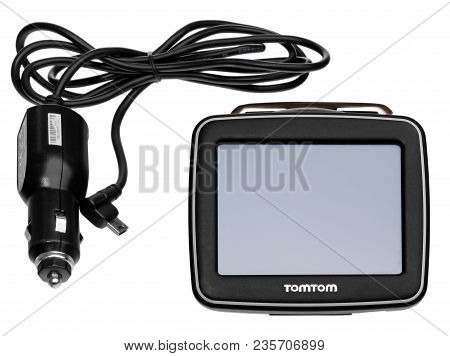 Tomtom Gps Car Navigation With Handle. Black Electronic Map Device.