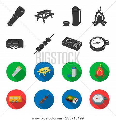 Trailer, Shish Kebab, Matches, Compass. Camping Set Collection Icons In Black, Flet Style Vector Sym