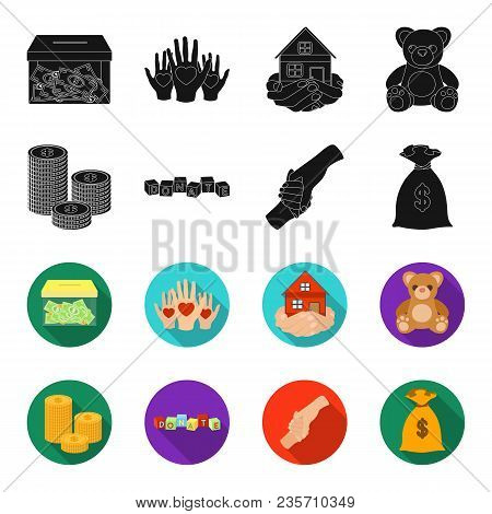 A Pile Of Coins For Donations, Colored Cubes With An Inscription, A Handshake, A Bag Of Money For Do
