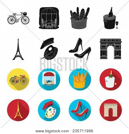 Eiffel Tower, Brush, Hat .france Country Set Collection Icons In Black, Flet Style Vector Symbol Sto