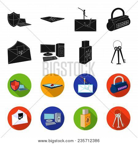 Virus, Monitor, Display, Screen .hackers And Hacking Set Collection Icons In Black, Flet Style Vecto