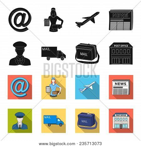 The Postman In Uniform, Mail Machine, Bag For Correspondence, Postal Office.mail And Postman Set Col