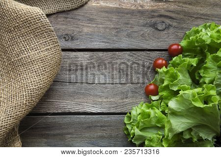 Fresh Garden Herbs On Wooden Table Board. Top View With Copy Space
