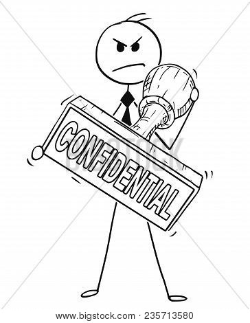 Cartoon Stick Man Drawing Conceptual Illustration Of Businessman Holding Big Hand Rubber Stamp With 