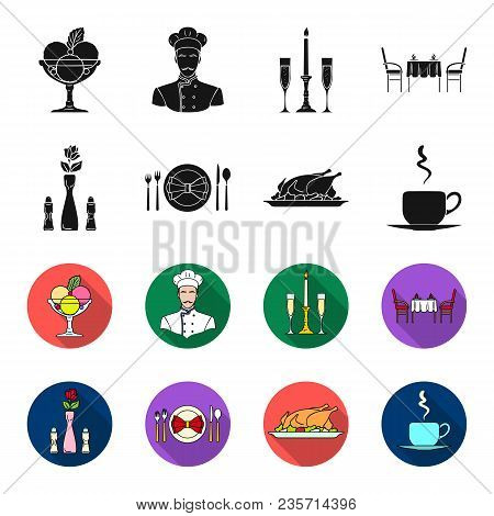 Vase With A Flower, Table Setting, Fried Chicken With Garnish, A Cup Of Coffee.restaurant Set Collec