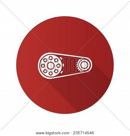 Sprocket Wheel With Chain Flat Design Long Shadow Glyph Icon. Drive Belt On Pulley. Vector Silhouett