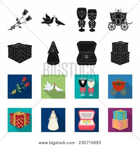Wedding And Attributes Black, Flet Icons In Set Collection For Design.newlyweds And Accessories Vect