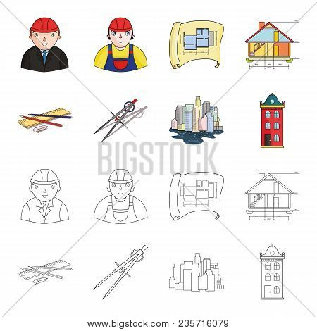 Drawing Accessories, Metropolis, House Model. Architecture Set Collection Icons In Cartoon, Outline 
