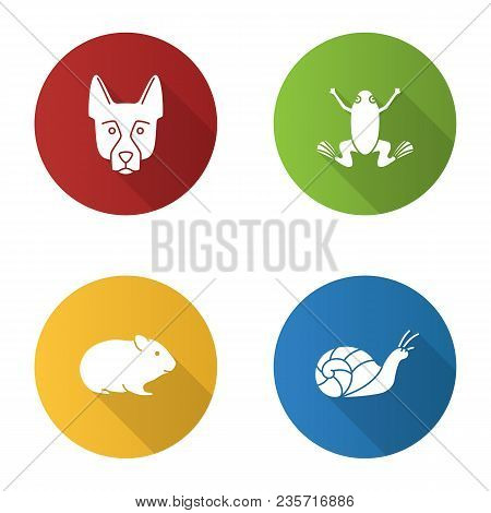 Pets Flat Design Long Shadow Glyph Icons Set. German Shepherd, Frog, Hamster, Snail. Vector Silhouet
