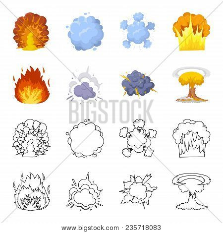 Flame, Sparks, Hydrogen Fragments, Atomic Or Gas Explosion. Explosions Set Collection Icons In Carto