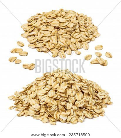 Rooled Oat Flakes Pile Set Isolated On White Background. Oatmeal Elements For Package Design