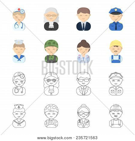 Sailor, Soldier, Scientist, Builder.profession Set Collection Icons In Cartoon, Outline Style Vector