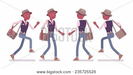 Black Intelligent Smart Casual Man Wearing Hat And Glasses Walking, Running. Slim And Fashionably El