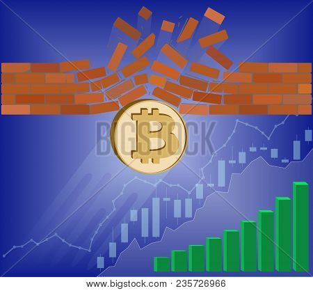 Bitcoin Coin Breaks Through The Wall Resistance With Growth Chart On A Blue Background , The Price O