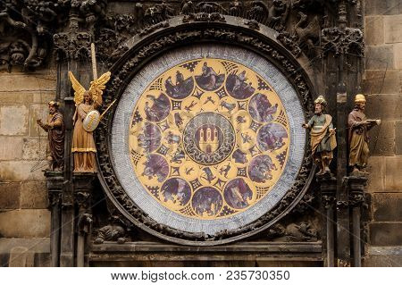 Prague, Czechia - October 18, 2017: Prague Astronomical Clock. The Prague Astronomical Clock Is A Me