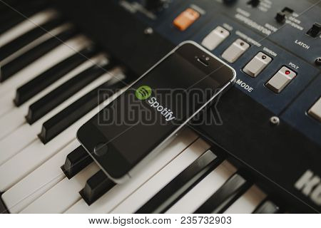 Malaga, Spain - April 12th, 2018: Spotify Streaming Music App In An Iphone Screen, Placed On A Vinta