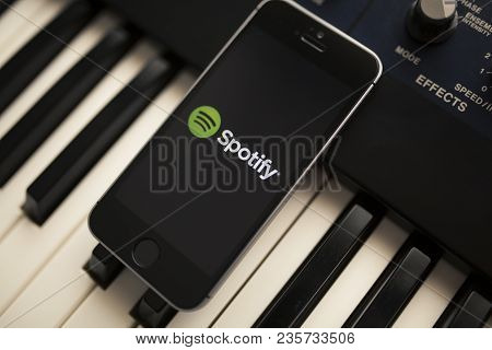 Malaga, Spain - April 12th, 2018: Spotify Streaming Music App In An Iphone Screen, Placed On A Vinta