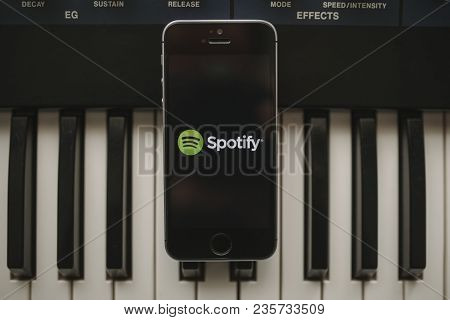 Malaga, Spain - April 12th, 2018: Spotify Streaming Music App In An Iphone Screen, Placed On A Vinta