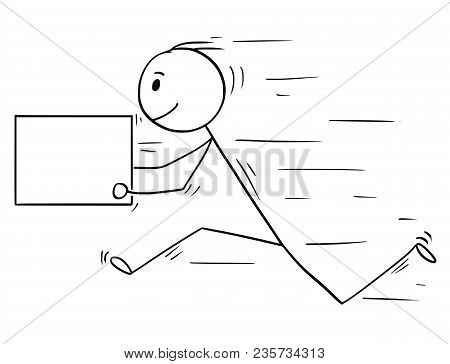 Cartoon Stick Man Drawing Conceptual Illustration Of Businessman Running Fast With Delivery Box Or L
