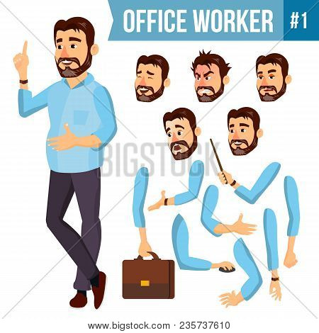 Office Worker Vector. Face Emotions, Various Gestures. Animation Creation Set. Adult Entrepreneur Bu