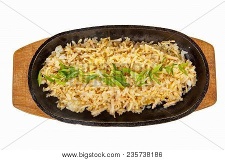 Chahan With Chicken, Pork, With Meat, Green Onions Serving On A Hot Frying Pan, On A Wooden Board On