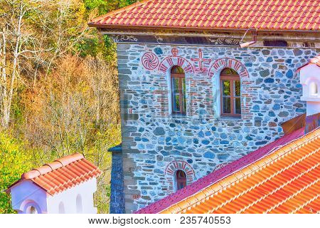 Rila Monastery Details Close-up And Autumn Mountain Trees At Background, Bulgaria