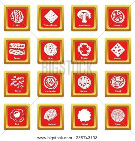 Slice Food Icons Set Vector Red Square Isolated On White Background