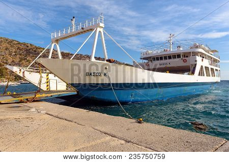 Zakynthos, Greece - September 30, 2017: View Of Ferry Waiting In Port To Be Loaded With Passengers A