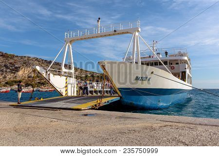 Zakynthos, Greece - September 30, 2017: View Of Ferry Waiting In Port To Be Loaded With Passengers A