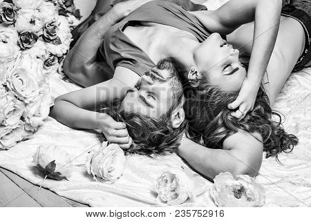 Sexy Couple Young Beautiful Cute Lovers In Love Pretty Girl And Sexi Man Lying On Back On White Beds