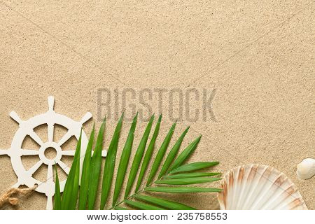 Summer Background With Green Palm Leaf, Decorative Ship Steering Wheel And Shells. Beach Texture. Co