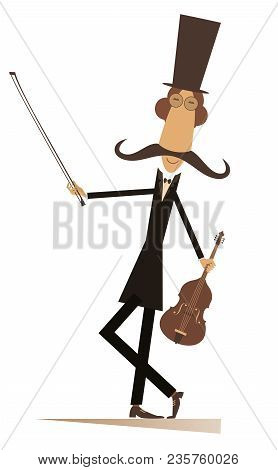 Cartoon Long Mustache Violinist Illustration Isolated. Smiling Mustache Man In The Top Hat With Viol