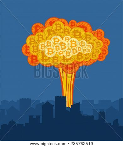 Bitcoin Explosion In City. Big Cloud Of Crypto Currency.