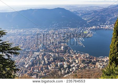 Aerial Landscape Of The Picturesque Colourful City Of Como On Lake Como, Italy. European Alps On The