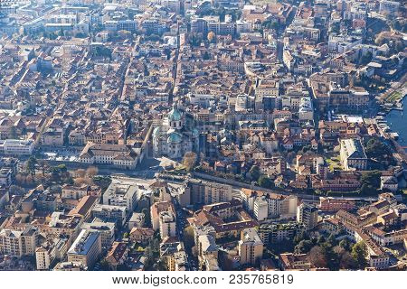 Aerial Landscape Of The Picturesque Colorful City Of Como On Lake Como, Italy. European Vacation, Li