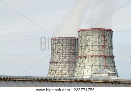 Large Cooling Pipes At The Thermal Power Plant.inside Them Steam Is Cooled And Condensed Water.