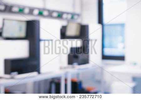Blurred Modern Laboratory Interior. Next Generation Sequencing Ngs Devices Out Of Focus. Scientific 