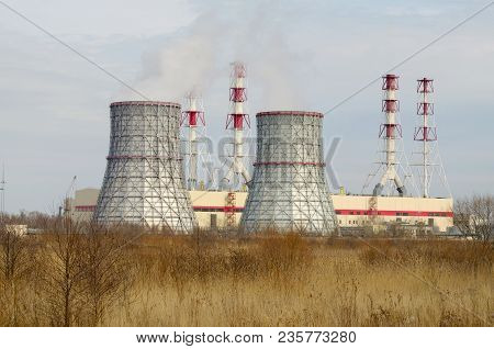 Large Cooling Pipes At The Thermal Power Plant.inside Them Steam Is Cooled And Condensed Water.