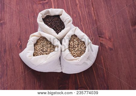 Pale, Caramel, Chocolate Malt In A Bags. Craft Beer Brewing From Grain Barley Malt In Process. Ale O