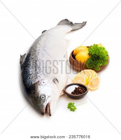 Close  Up On A Whole Rawsalmon With Lemon And Salt Isolated On White