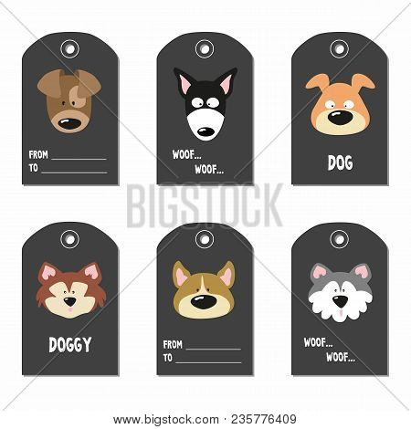 Set Of Tags Whith Cartoon Dogs. Vector Illustration.