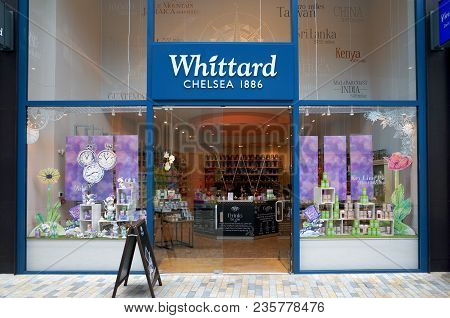 Bracknell, England - April 12, 2018: Exterior Of Whittard Of Chelsea With A Member Of Staff Visible 