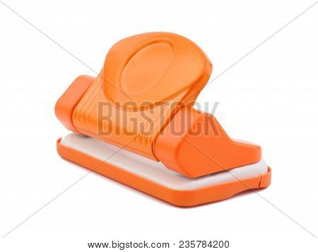 Orange Office Paper Hole Puncher, Isolated On White. Office Tools
