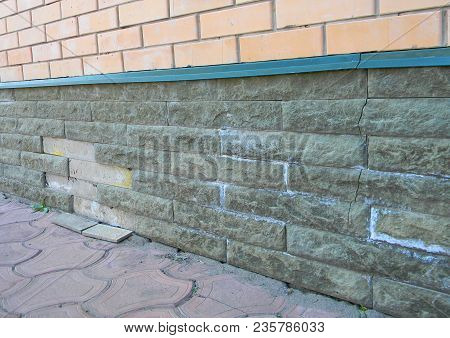 Bad Condition Of Wet Foundation Walls. Mineral Efflorescence And Foundation Wall Crack