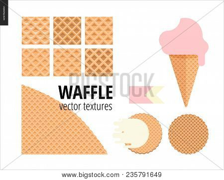 Vector Illustration Of Six Seamless Waffle Patterns And Red Fruit Ice Cream Scoop In A Waffle Cone, 