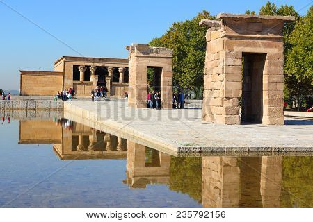 Madrid, Spain - October 23, 2012: People Visit Temple Of Debod In Madrid. Madrid Is A Popular Touris