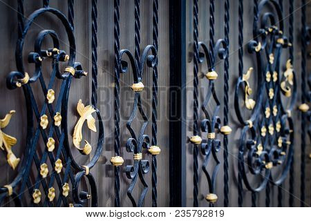 Details, Structure And Ornaments Of Forged Iron Gate. Floral Decorative Ornament, Made From Metal. V