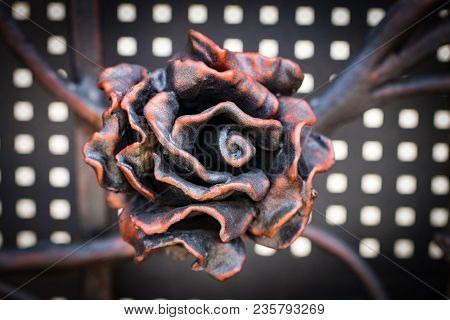 Details, Structure And Ornaments Of Forged Iron Gate. Floral Decorative Ornament, Made From Metal. V