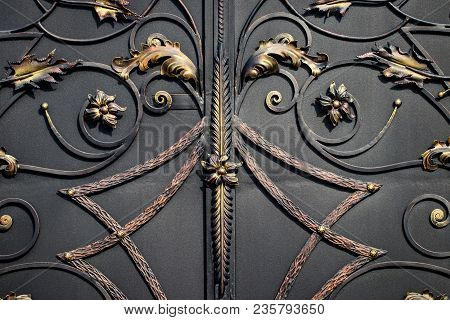 Details, Structure And Ornaments Of Forged Iron Gate. Floral Decorative Ornament, Made From Metal. V