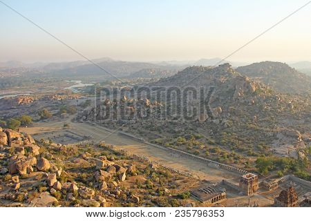 Sunrise In Hampi On Matanga Hill. View From Above, From The Sky, Aerophoto.  Indian Temple Hampi In 